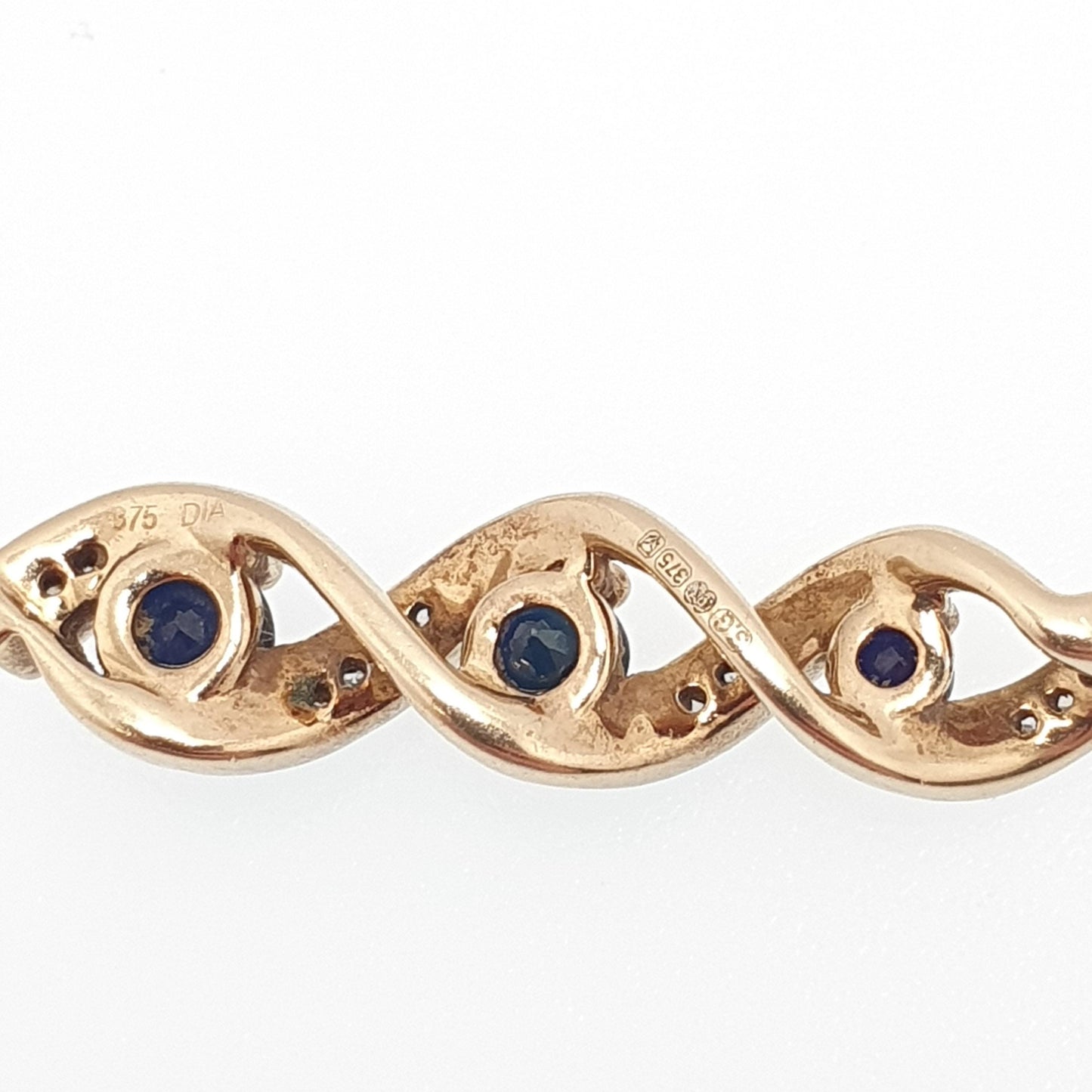 Vintage 9k 9ct Gold Sapphire & Diamond Necklace Helix Pendant Twist Solid 375 Yellow Womens Jewelry Retro Jewellery