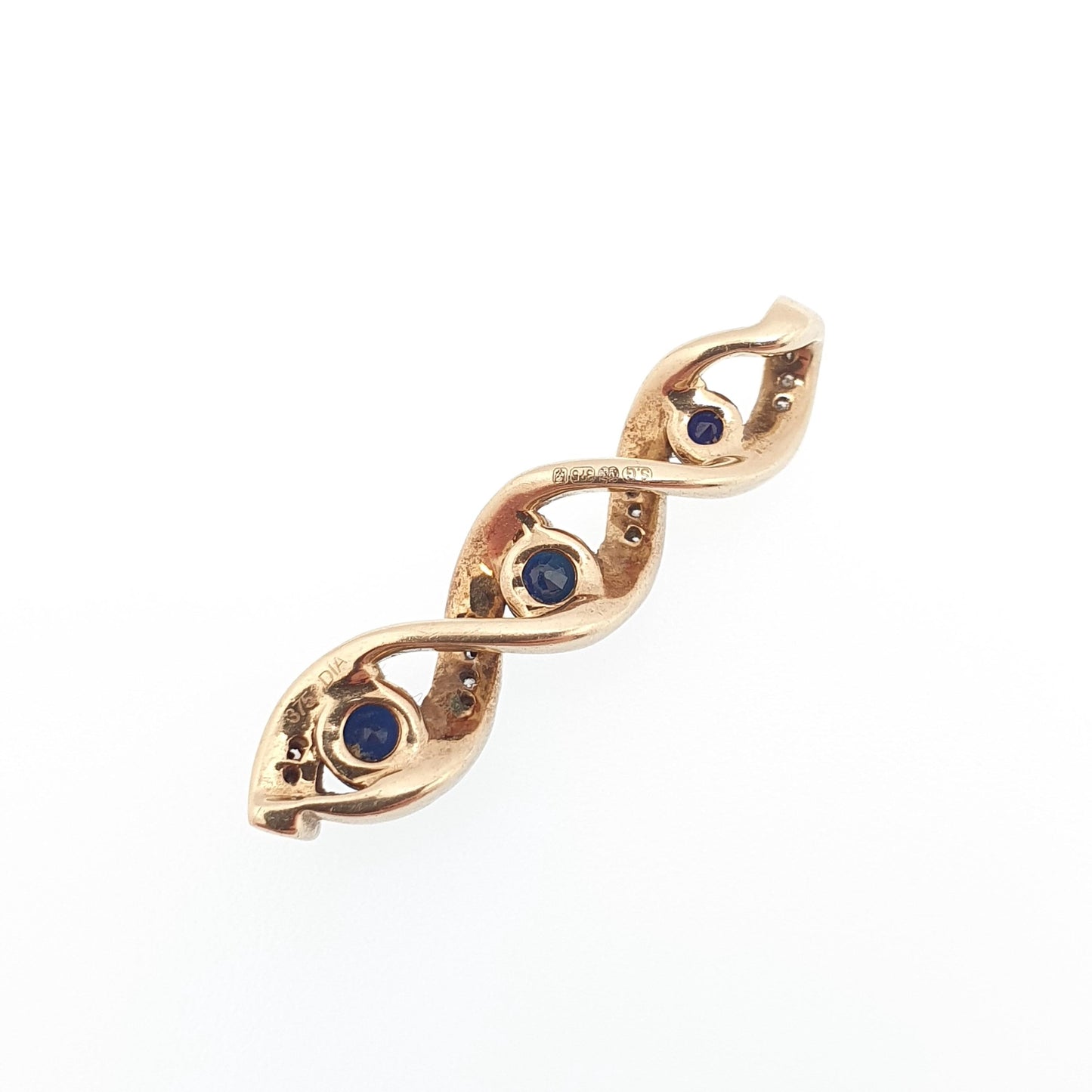 Vintage 9k 9ct Gold Sapphire & Diamond Necklace Helix Pendant Twist Solid 375 Yellow Womens Jewelry Retro Jewellery