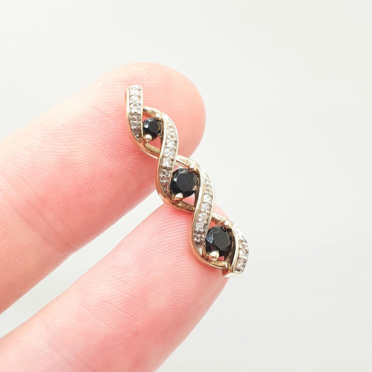 Vintage 9k 9ct Gold Sapphire & Diamond Necklace Helix Pendant Twist Solid 375 Yellow Womens Jewelry Retro Jewellery