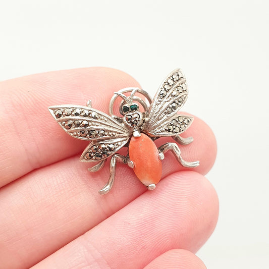 Antique Solid Silver Fly Brooch Pin Coral Marcasite 1920s Art Deco Vintage 1800s Bug Insect Wings Gemstone Rare Womens Jewelry Jewellery
