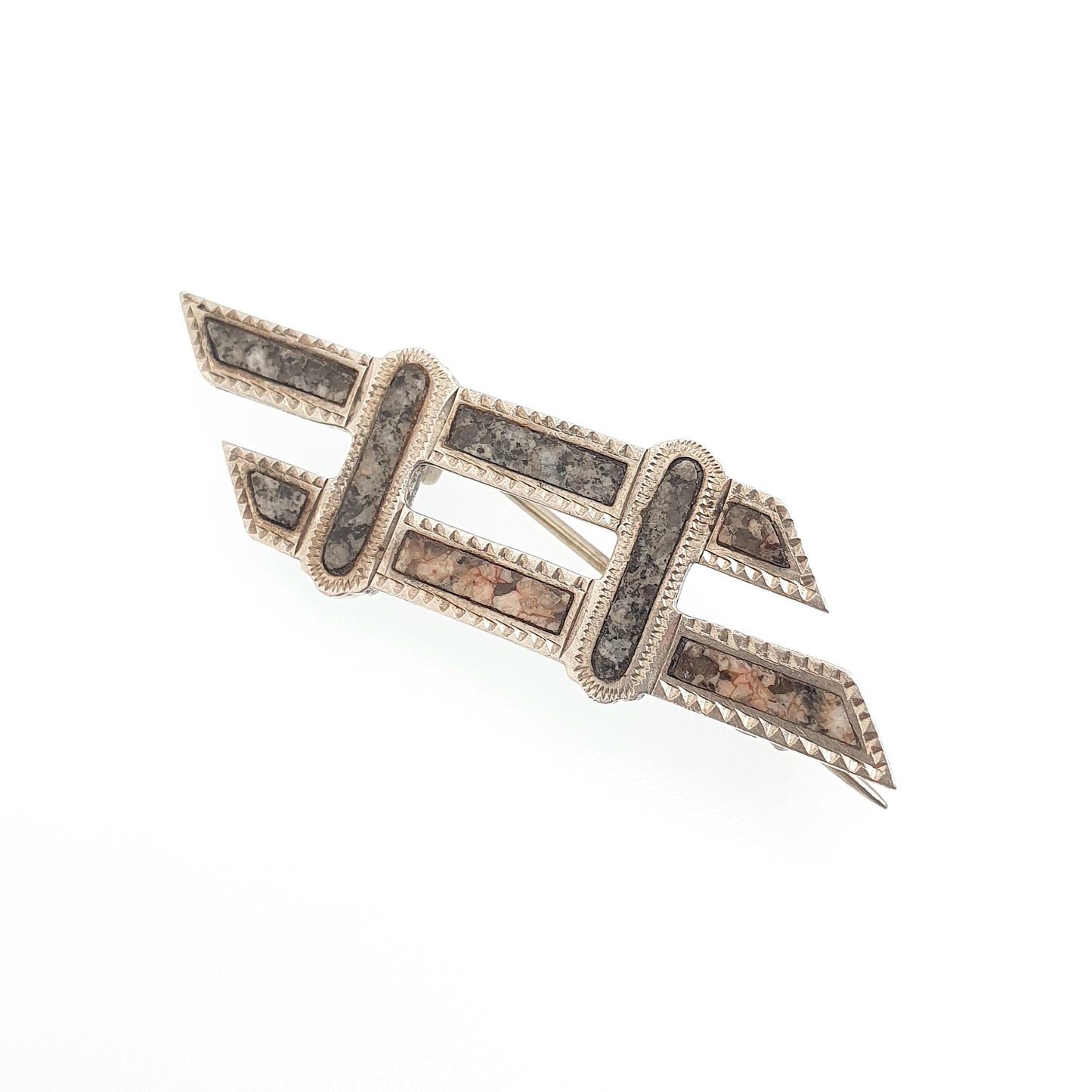 Antique Sterling Silver Scottish Granite Brooch Equals Parallel Traversal Pink Aberdeenshire Feldspar Scotland Vintage Womens Jewelry