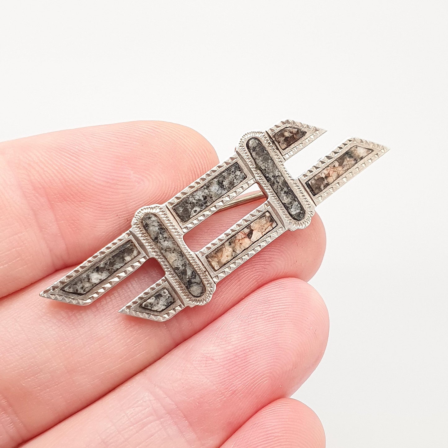 Antique Sterling Silver Scottish Granite Brooch Equals Parallel Traversal Pink Aberdeenshire Feldspar Scotland Vintage Womens Jewelry