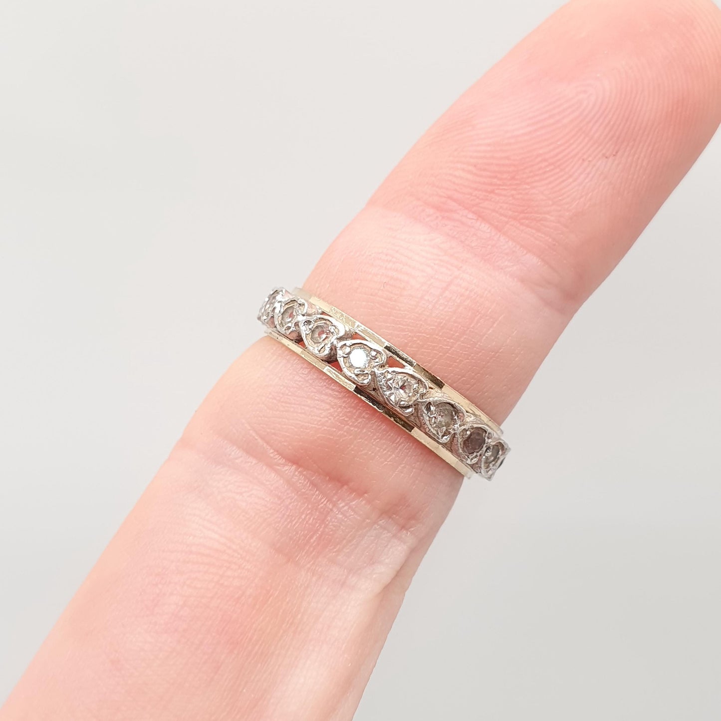 Antique Art Deco 9ct 9k Gold Sterling Silver Eternity Ring Heart White Spinel Gemstone Solid 375 Vintage 1920s Womens Jewelry Jewellery