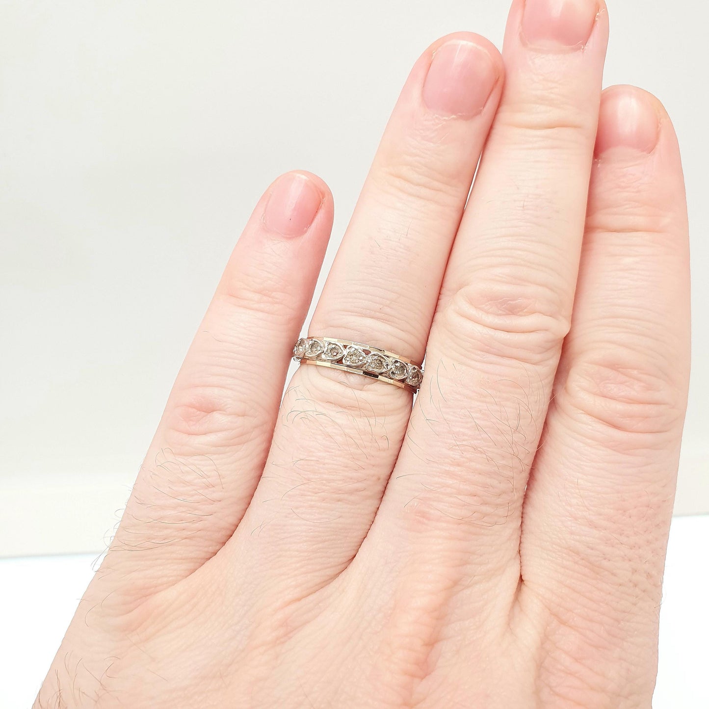 Antique Art Deco 9ct 9k Gold Sterling Silver Eternity Ring Heart White Spinel Gemstone Solid 375 Vintage 1920s Womens Jewelry Jewellery