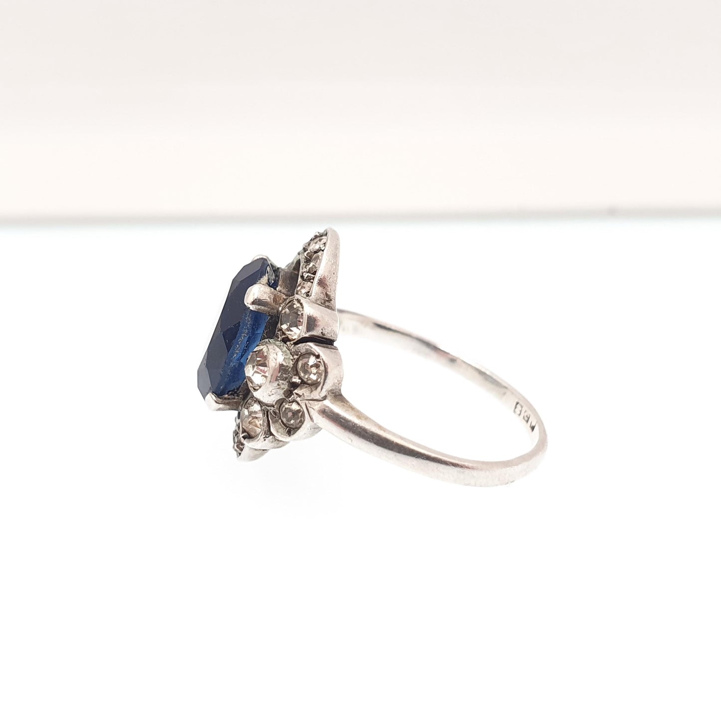 Antique Sterling Silver Sapphire Paste Ring SCP Ciro Diamond Pastes Cluster Cocktail Art Deco 1920s Vintage Ladies Womens Jewelry Jewellery