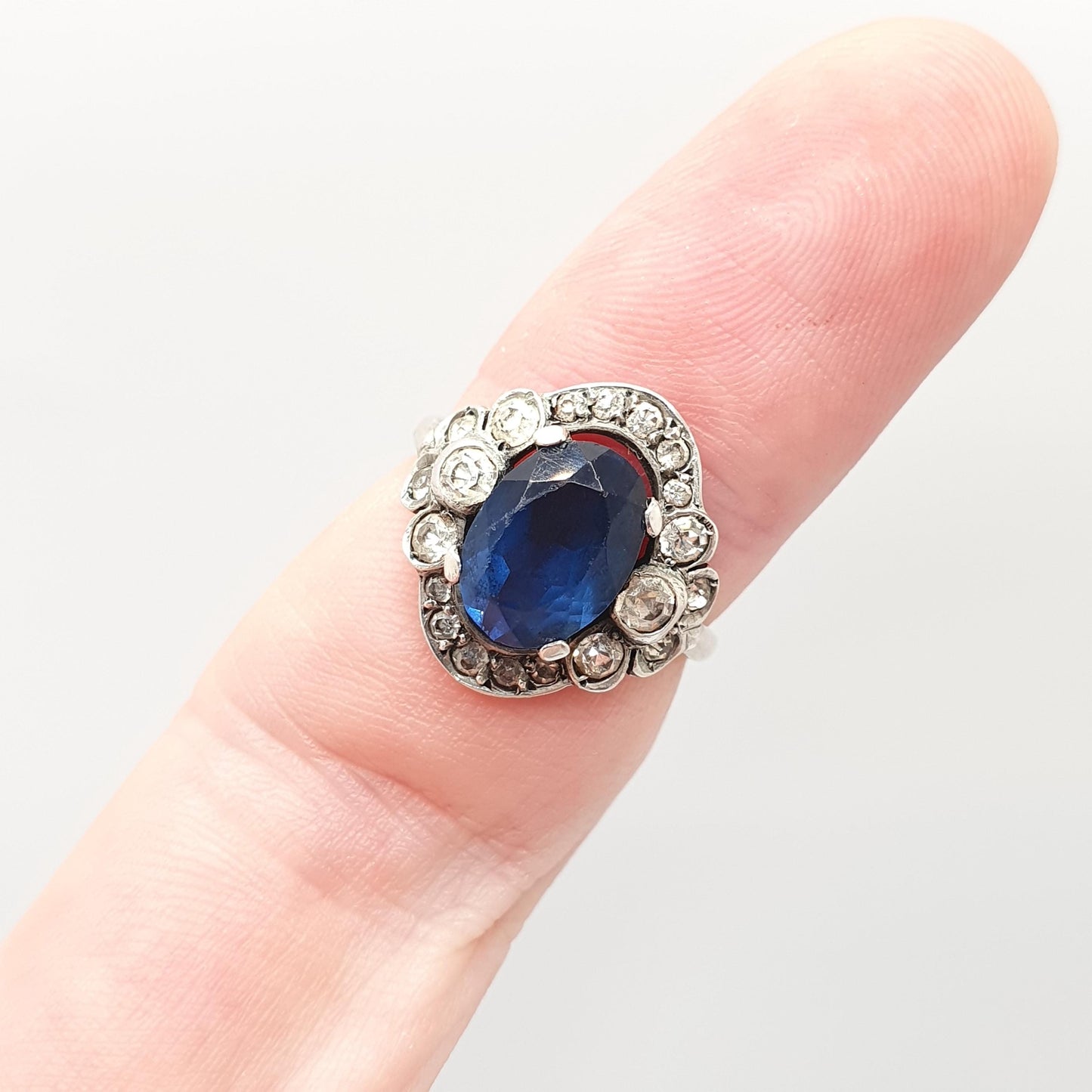 Antique Sterling Silver Sapphire Paste Ring SCP Ciro Diamond Pastes Cluster Cocktail Art Deco 1920s Vintage Ladies Womens Jewelry Jewellery