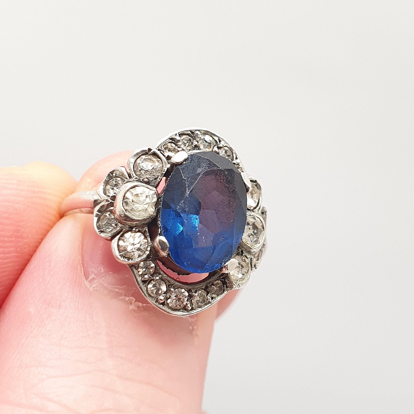 Antique Sterling Silver Sapphire Paste Ring SCP Ciro Diamond Pastes Cluster Cocktail Art Deco 1920s Vintage Ladies Womens Jewelry Jewellery