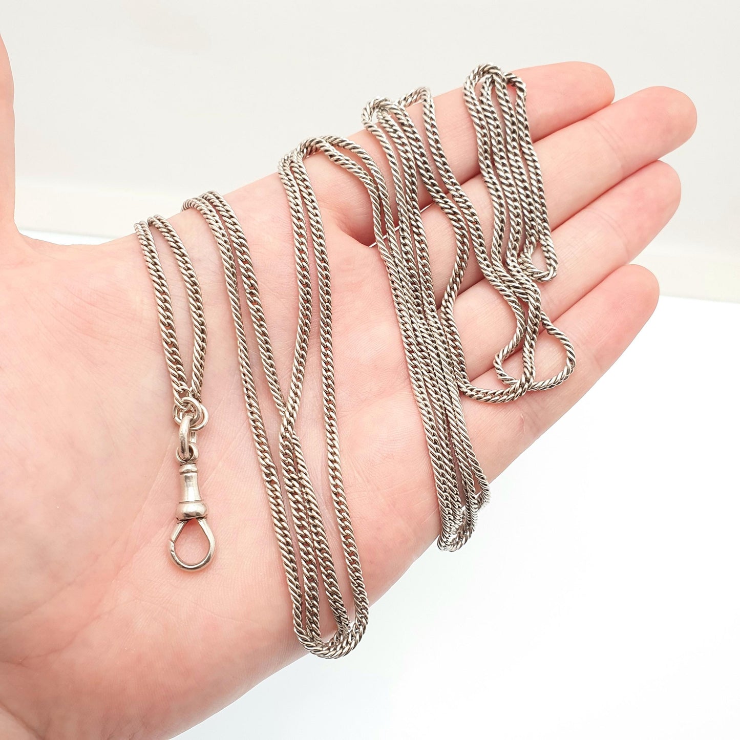 Antique Victorian Muff Chain Sterling Silver Necklace Dog Clip 156cm 61.4" 42.19g Curb Link Very Long Heavy Guard Solid 925 Vintage Womens