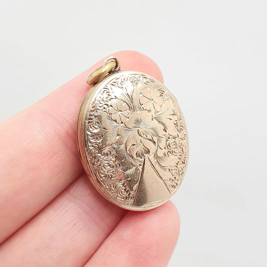 Antique 9ct Rose Gold Locket Oval Solid 9k 375 Engraved Victorian Pendant Back & Front Necklace Jewelry Womens Jewellery