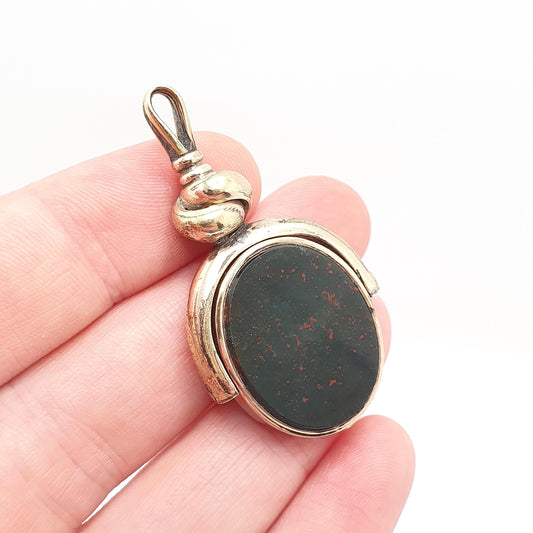 Antique Rose Rolled Gold Spinner Fob Necklace Bloodstone Carnelian Victorian Albert Pendant Large Gemstone Vintage Mens Womens Jewelry