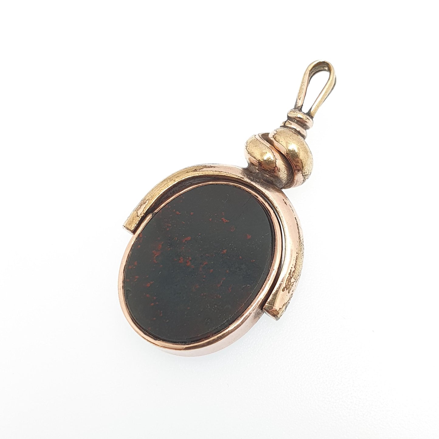 Antique Rose Rolled Gold Spinner Fob Necklace Bloodstone Carnelian Victorian Albert Pendant Large Gemstone Vintage Mens Womens Jewelry