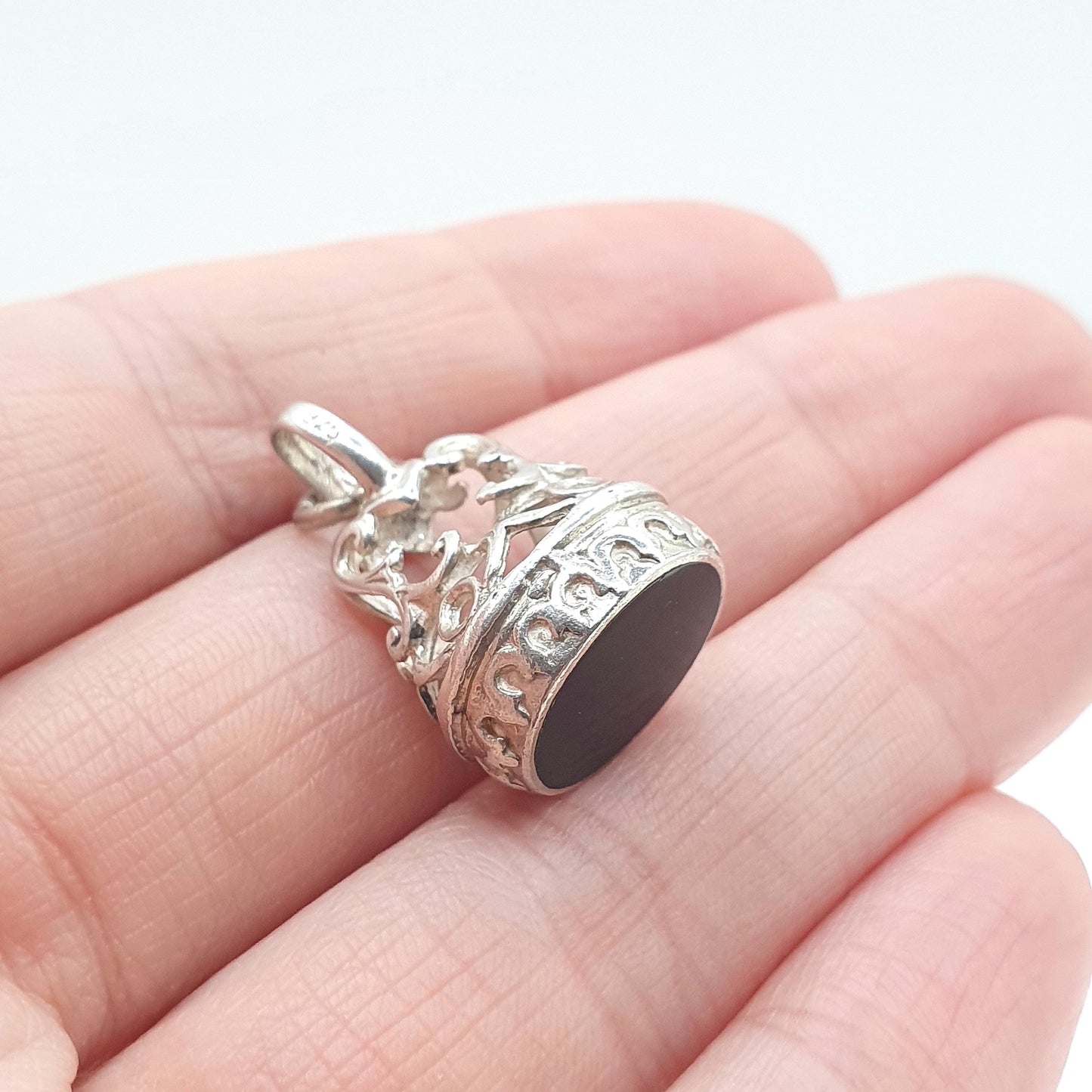 Vintage Sterling Silver Onyx Fob Pendant Womens Albert Chain Style Black Gemstone Jewelry Necklace Jewellery
