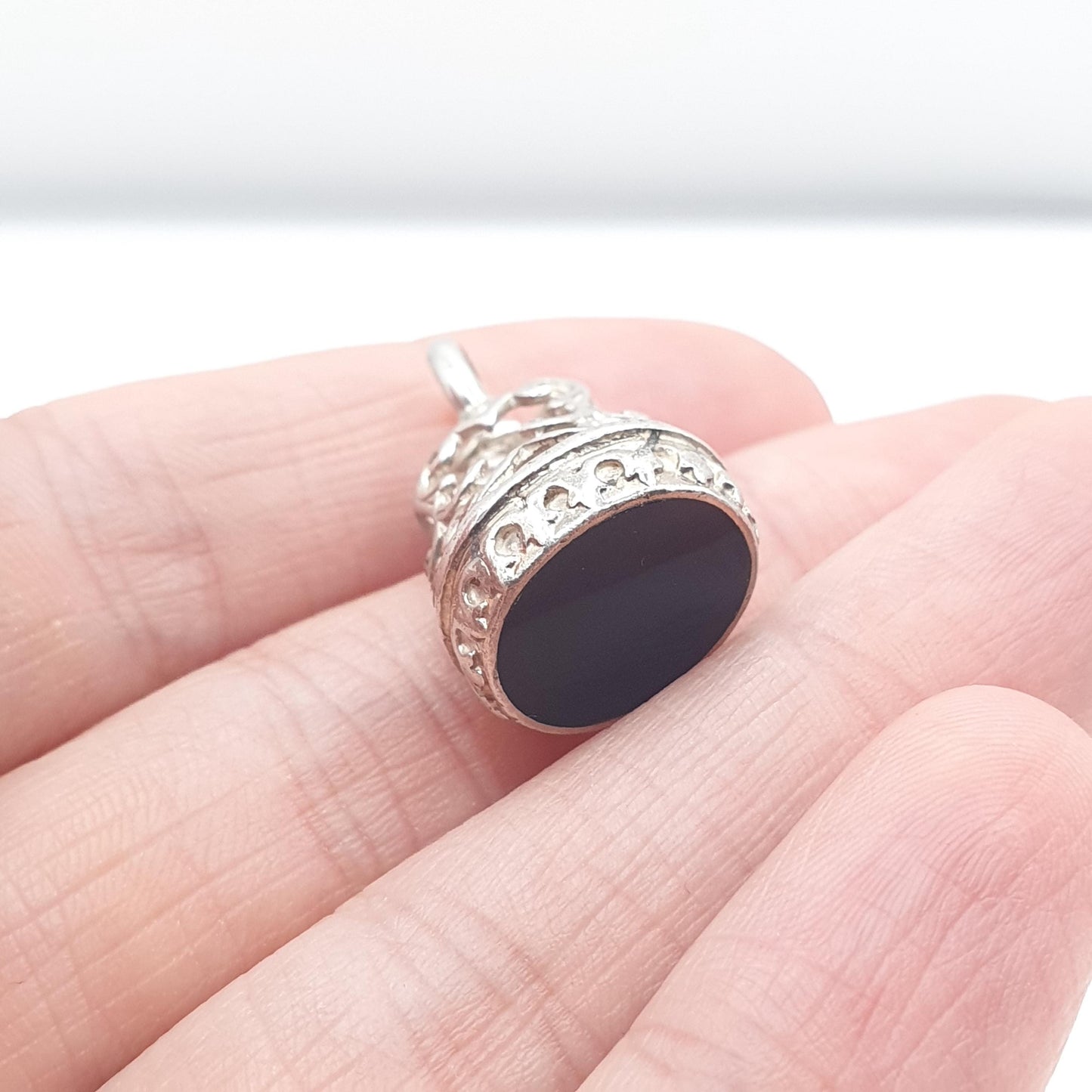 Vintage Sterling Silver Onyx Fob Pendant Womens Albert Chain Style Black Gemstone Jewelry Necklace Jewellery