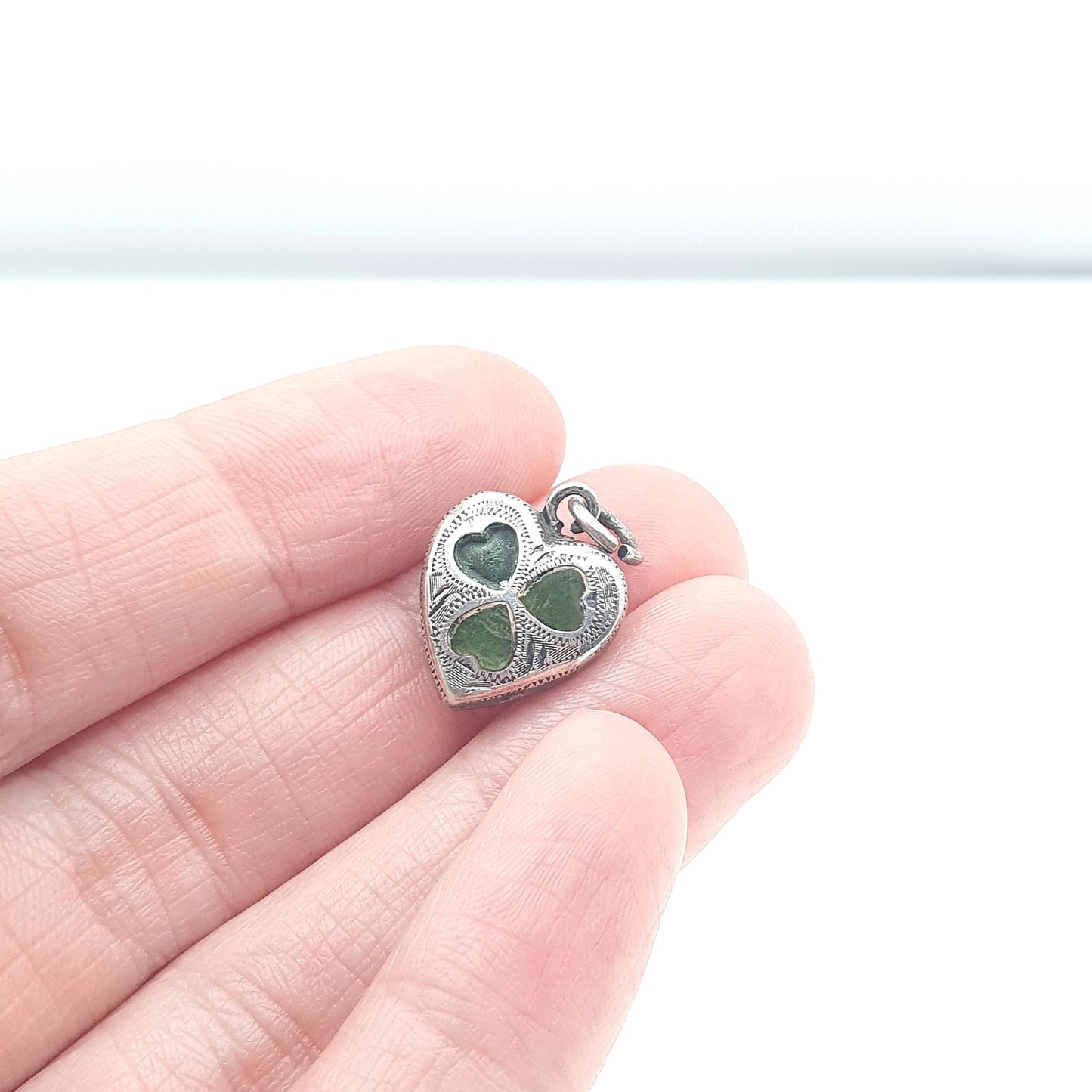 Antique Sterling Silver Connemara Marble Clover Charm Pendant Heart Necklace Lucky Good Luck Jewelry Vintage Jewellery