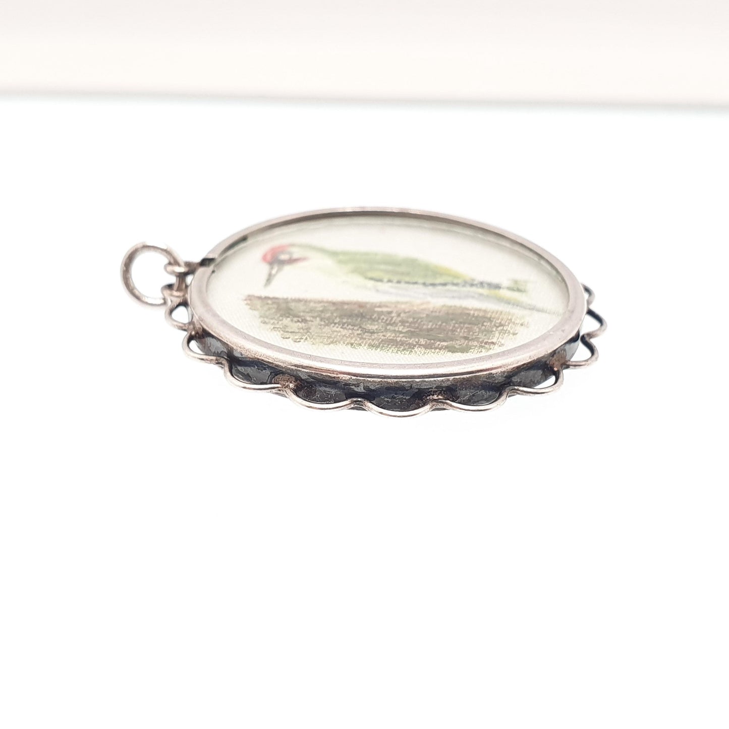 Antique Solid Silver Hand Painted Woodpecker Pendant Necklace Locket Green Bird Picture Painting Vintage Jewelry Jewellery