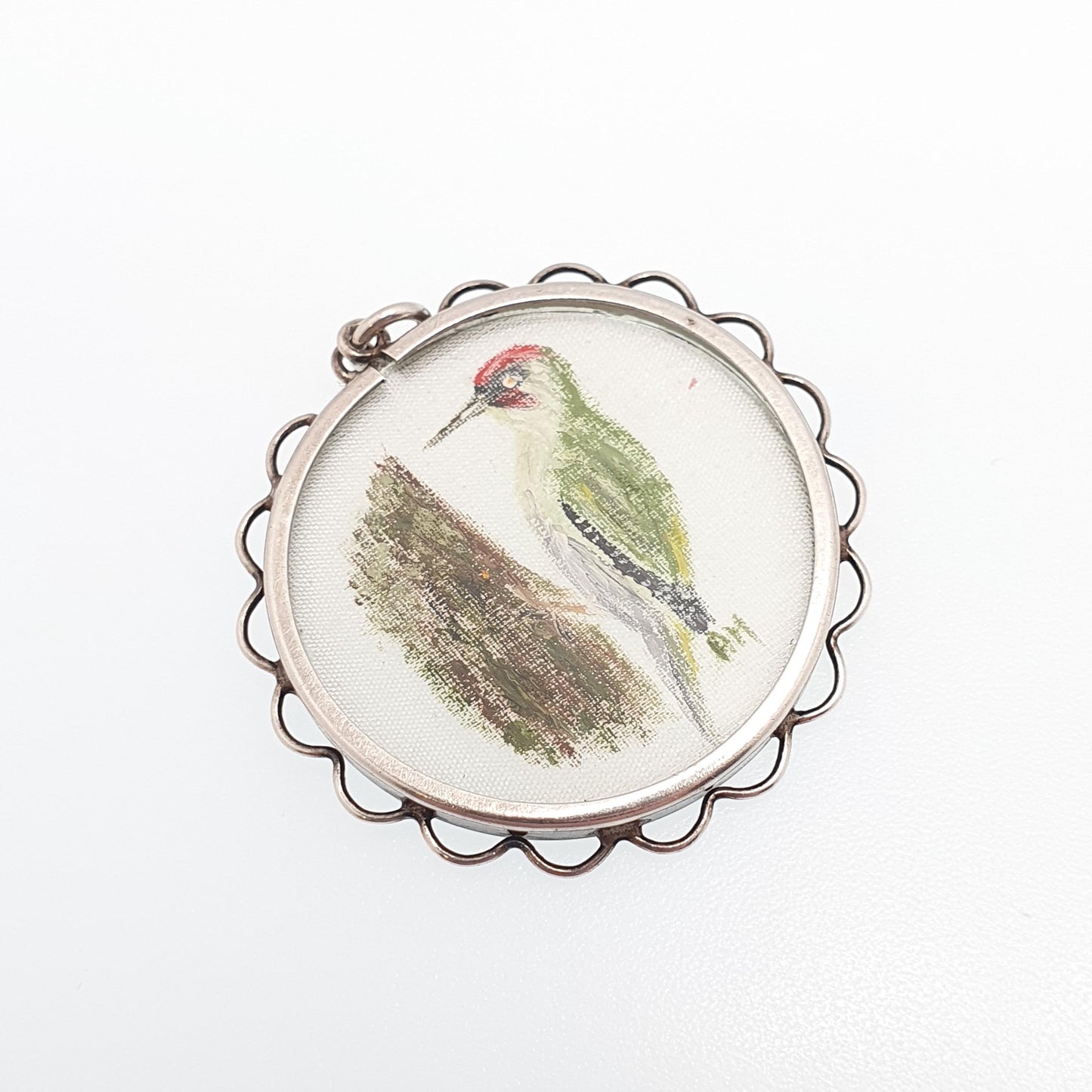 Antique Solid Silver Hand Painted Woodpecker Pendant Necklace Locket Green Bird Picture Painting Vintage Jewelry Jewellery