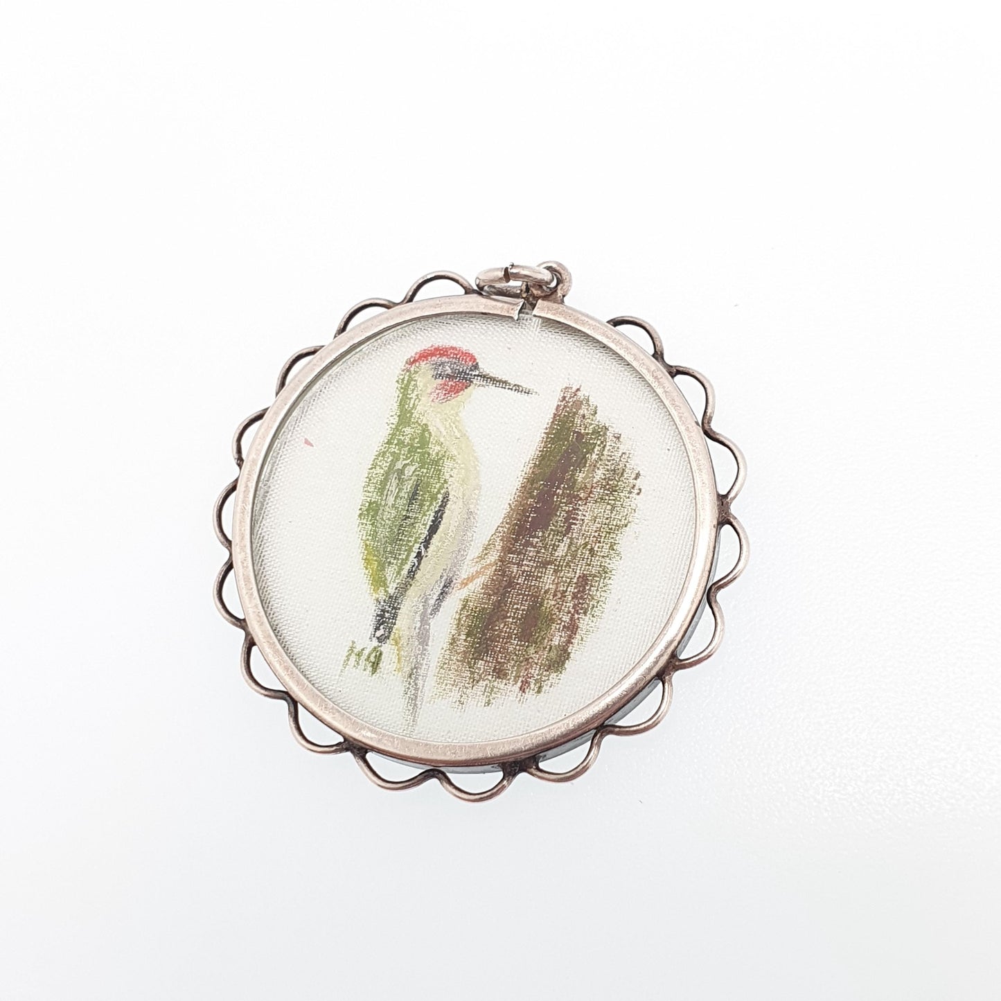 Antique Solid Silver Hand Painted Woodpecker Pendant Necklace Locket Green Bird Picture Painting Vintage Jewelry Jewellery