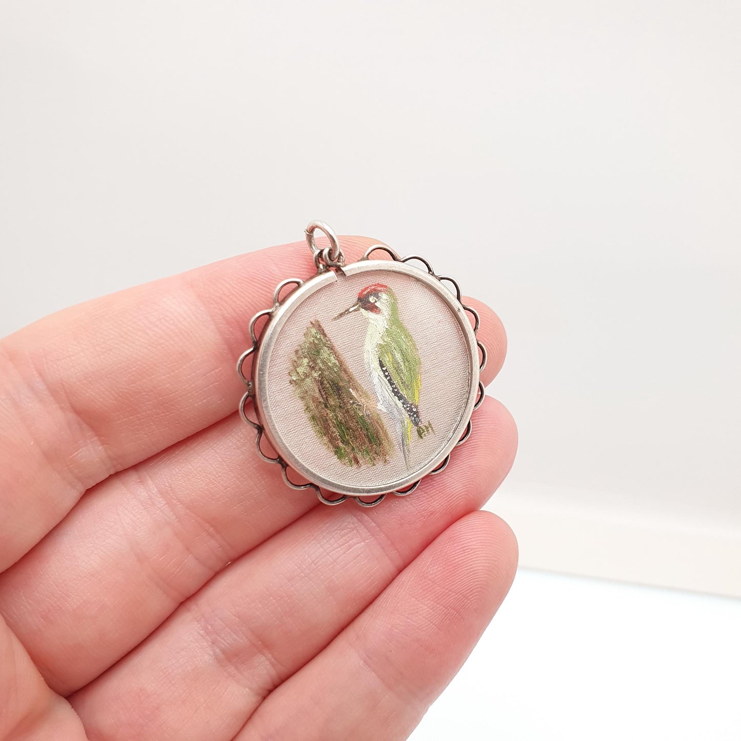 Antique Solid Silver Hand Painted Woodpecker Pendant Necklace Locket Green Bird Picture Painting Vintage Jewelry Jewellery