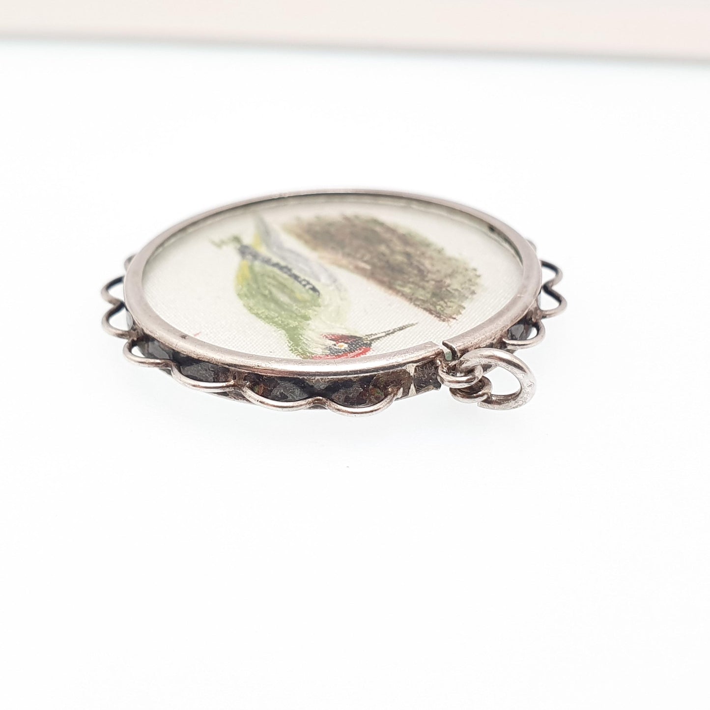 Antique Solid Silver Hand Painted Woodpecker Pendant Necklace Locket Green Bird Picture Painting Vintage Jewelry Jewellery