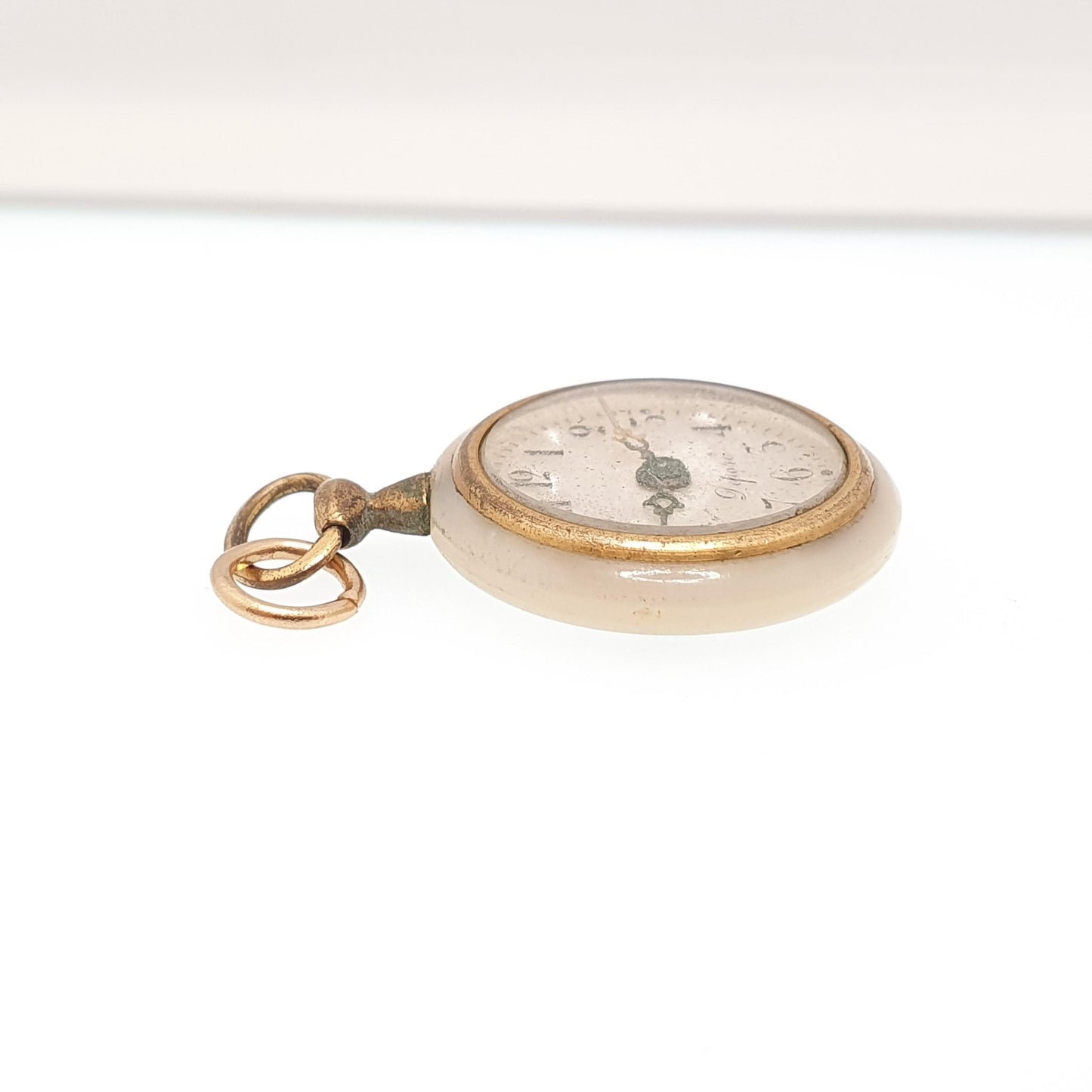 Antique French Pocket Watch Charm Necklace Pendant Mother of Pearl Depose Vintage Gold Tone Womens Jewellery Jewelry