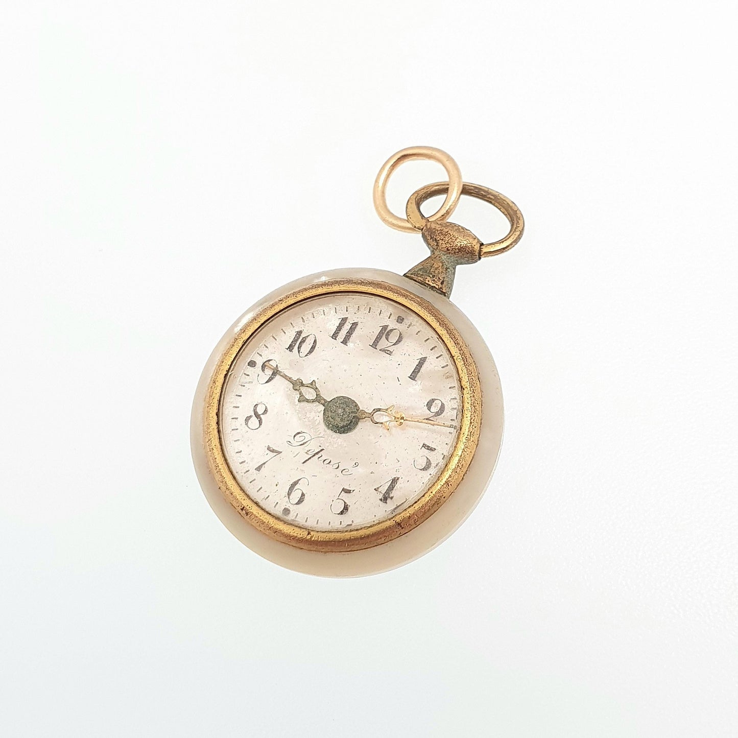 Antique French Pocket Watch Charm Necklace Pendant Mother of Pearl Depose Vintage Gold Tone Womens Jewellery Jewelry
