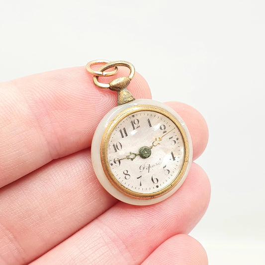 Antique French Pocket Watch Charm Necklace Pendant Mother of Pearl Depose Vintage Gold Tone Womens Jewellery Jewelry