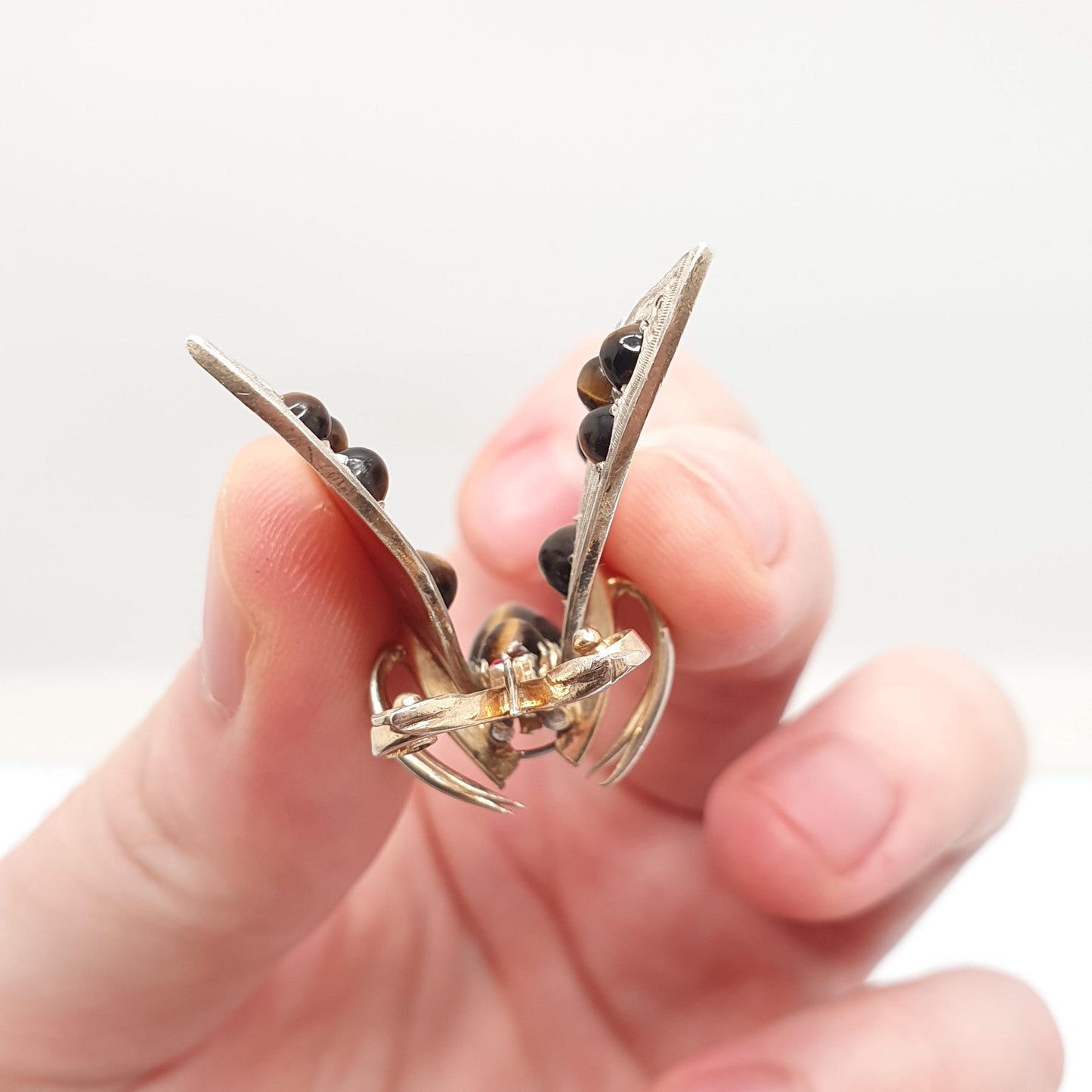 Antique Solid Silver Butterfly Brooch Pin Tiger Eye Gemstone Pincer Spring Mechanism Large Bug Insect Jewelry Jewellery