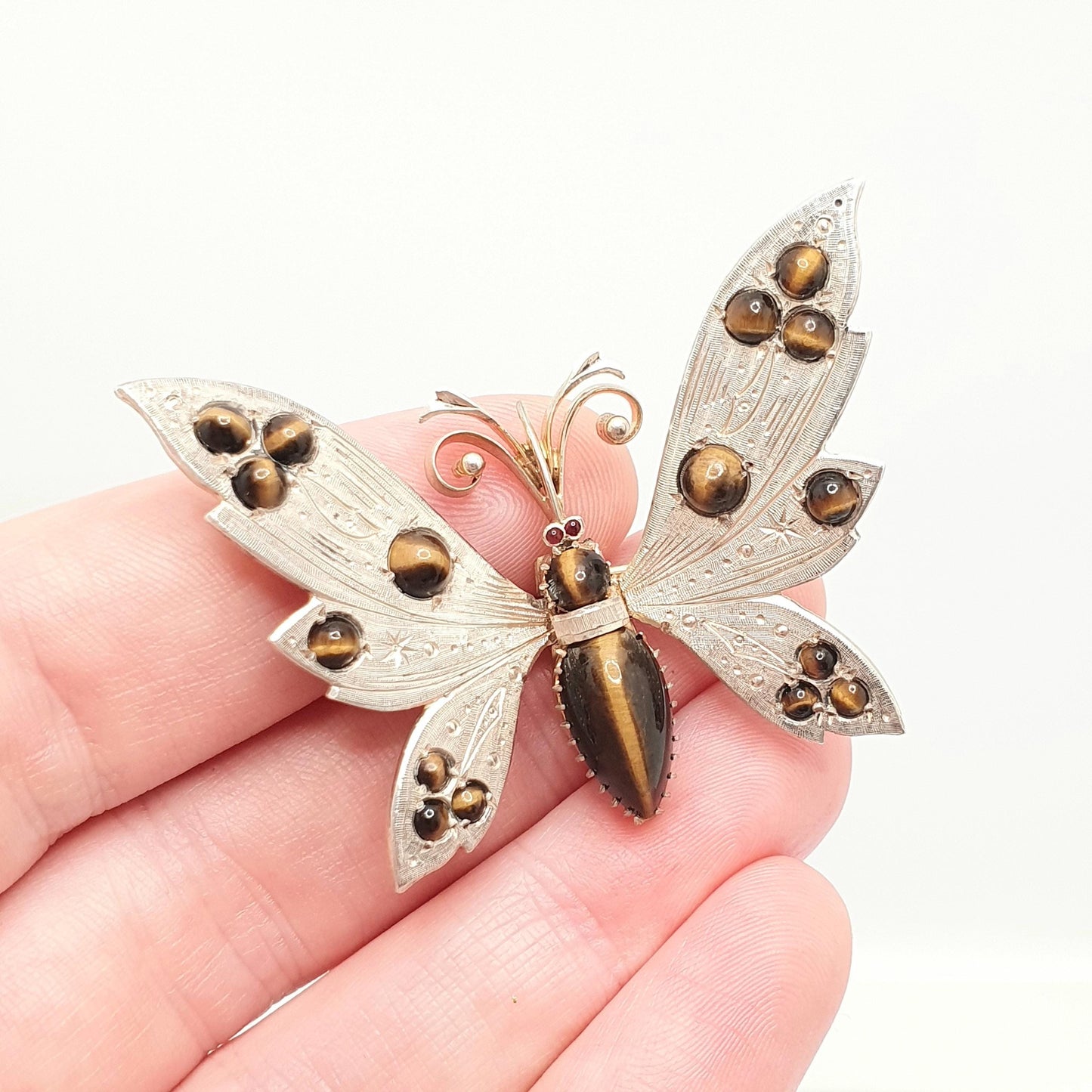Antique Solid Silver Butterfly Brooch Pin Tiger Eye Gemstone Pincer Spring Mechanism Large Bug Insect Jewelry Jewellery
