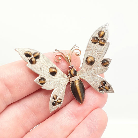 Antique Solid Silver Butterfly Brooch Pin Tiger Eye Gemstone Pincer Spring Mechanism Large Bug Insect Jewelry Jewellery