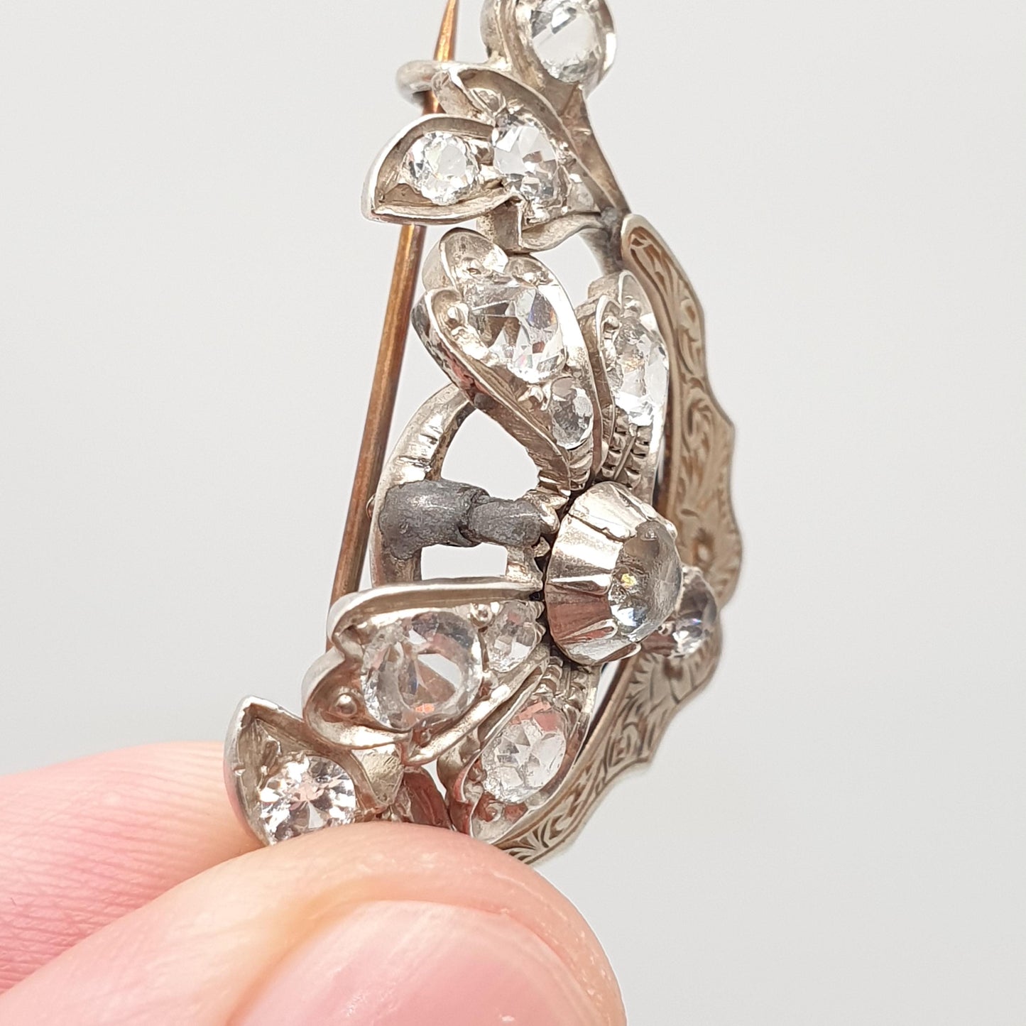 Antique Victorian Solid Silver Diamond Paste Brooch Pin Scroll Art Nouveau Ornate Sparkly Vintage Jewelry Jewellery