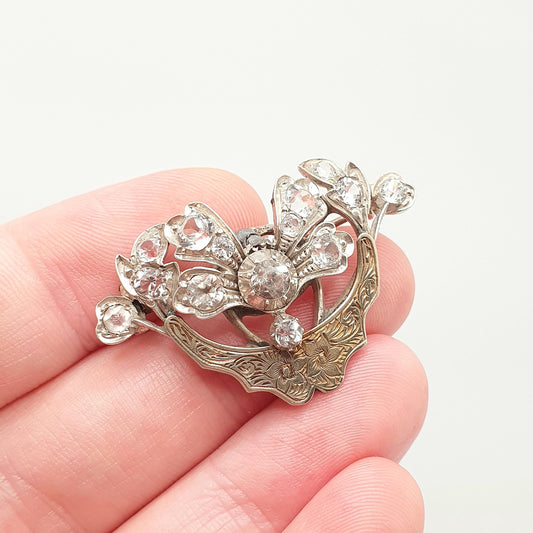Antique Victorian Solid Silver Diamond Paste Brooch Pin Scroll Art Nouveau Ornate Sparkly Vintage Jewelry Jewellery