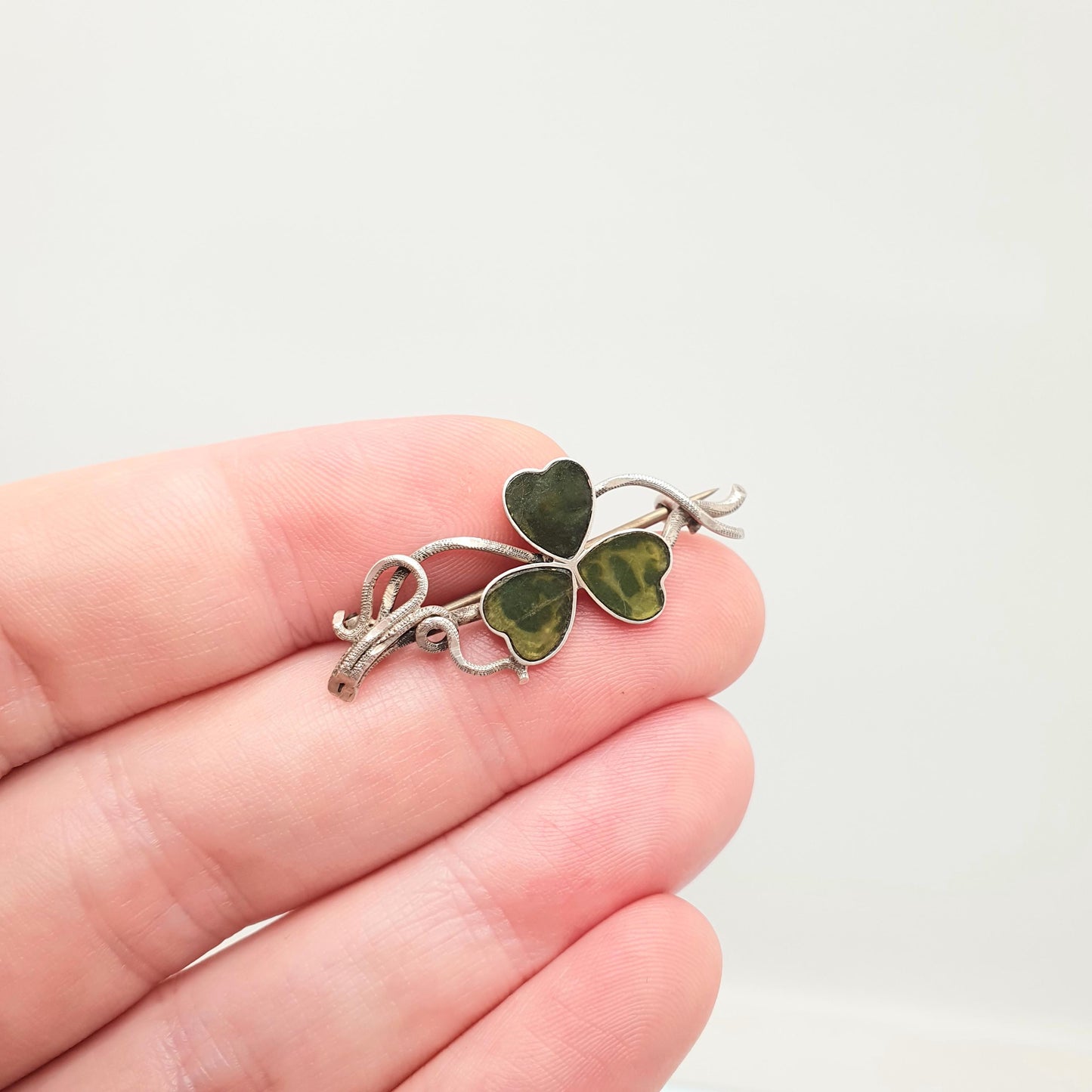 Antique Sterling Silver Clover Brooch Pin Lucky Irish Three Leaf Green Shamrock Celtic Vintage Jewelry Jewellery