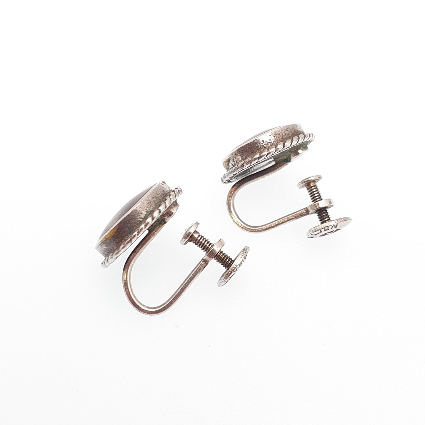 Antique Blue John Sterling Silver Earrings Rare Art Deco Cabochon Screw Back 1920s Bleu Jaune Womens Vintage 925 Gemstone Jewelry Jewellery