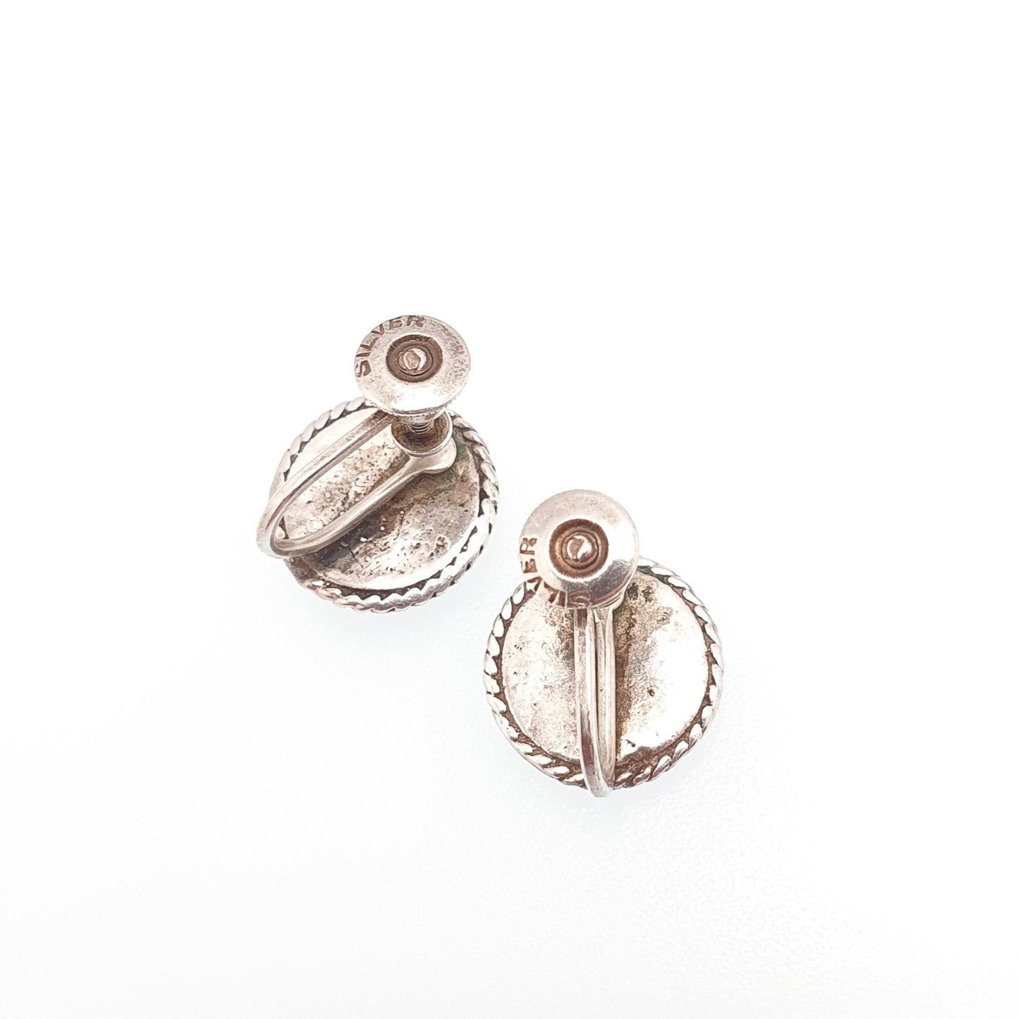 Antique Blue John Sterling Silver Earrings Rare Art Deco Cabochon Screw Back 1920s Bleu Jaune Womens Vintage 925 Gemstone Jewelry Jewellery