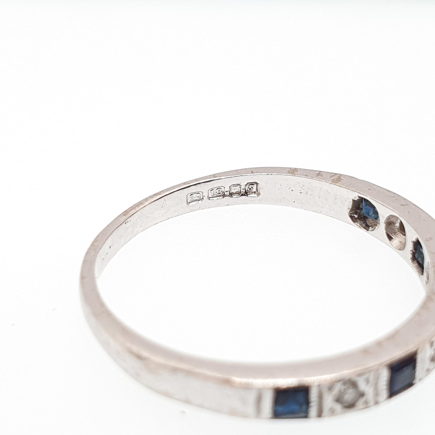 Vintage Sapphire & Diamond Ring 18ct Solid White Gold 18k 750 Half Eternity Square Cut Fine Estate Womens Vintage Jewelry Jewellery
