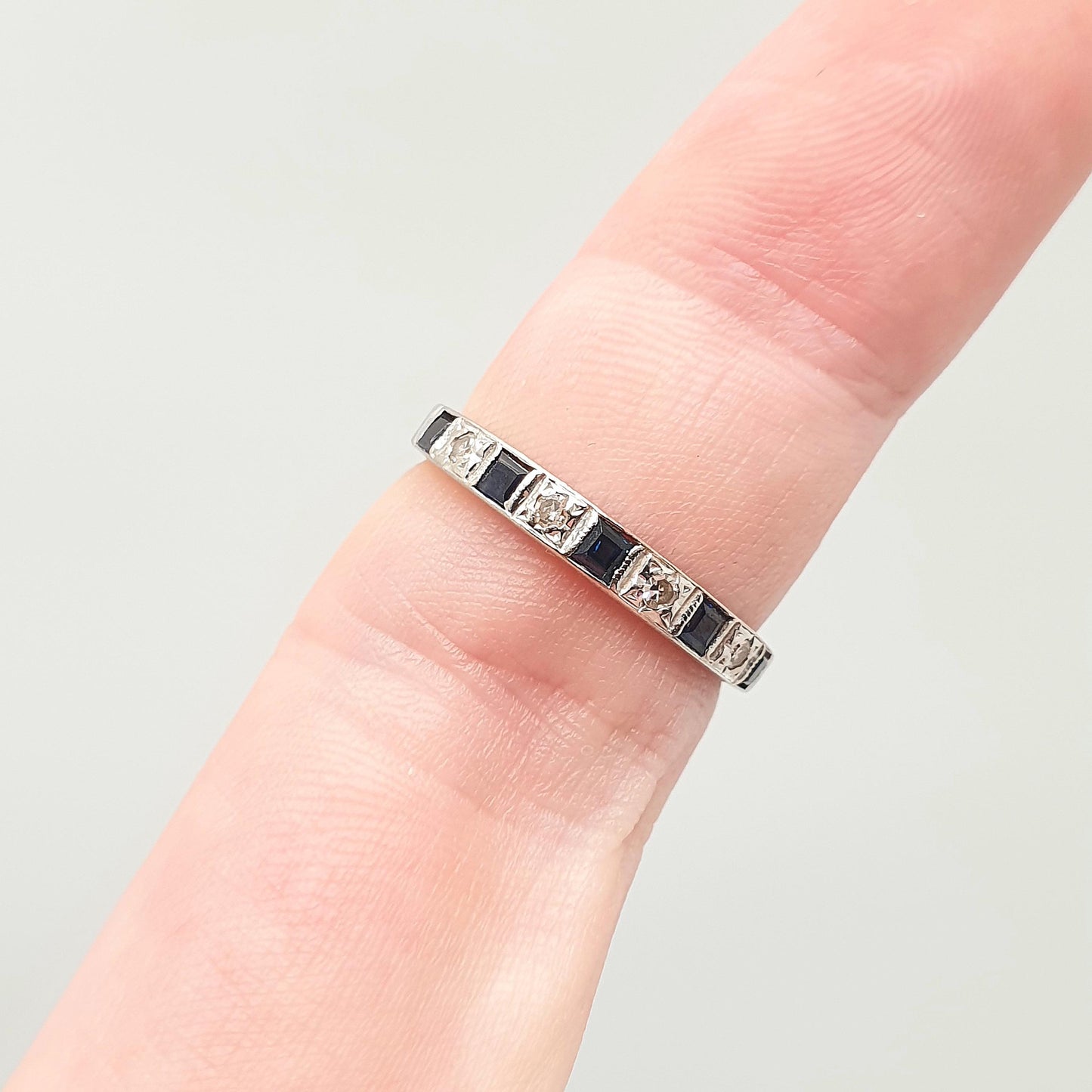 Vintage Sapphire & Diamond Ring 18ct Solid White Gold 18k 750 Half Eternity Square Cut Fine Estate Womens Vintage Jewelry Jewellery
