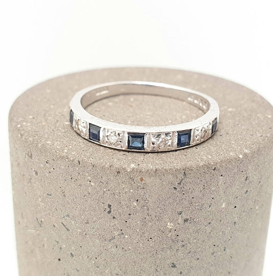 Vintage Sapphire & Diamond Ring 18ct Solid White Gold 18k 750 Half Eternity Square Cut Fine Estate Womens Vintage Jewelry Jewellery