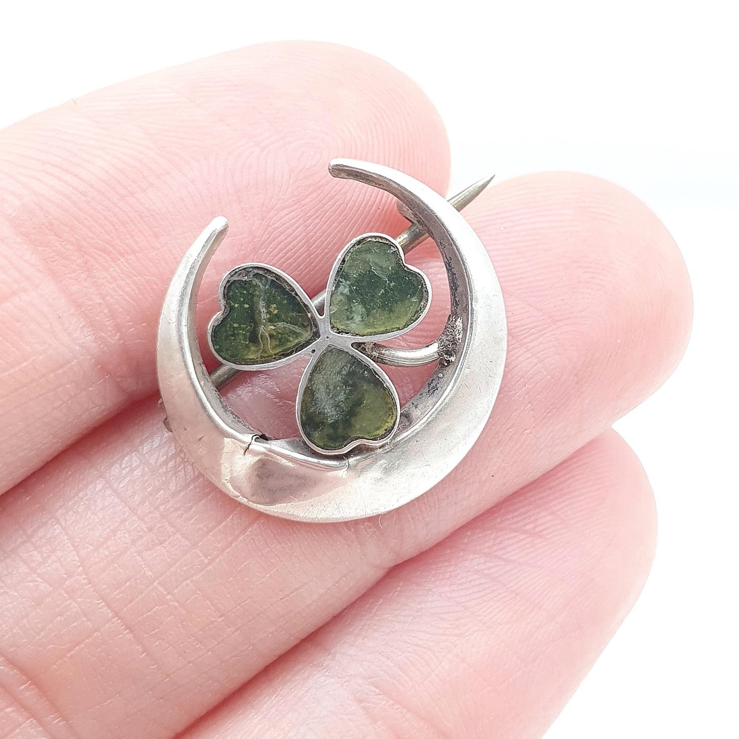 Antique Sterling Silver Connemara Marble Clover Crescent Moon Brooch Womens Jewellery Irish Pin Celtic Lucky Jewelry