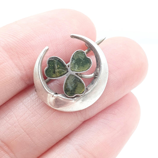 Antique Sterling Silver Connemara Marble Clover Crescent Moon Brooch Womens Jewellery Irish Pin Celtic Lucky Jewelry