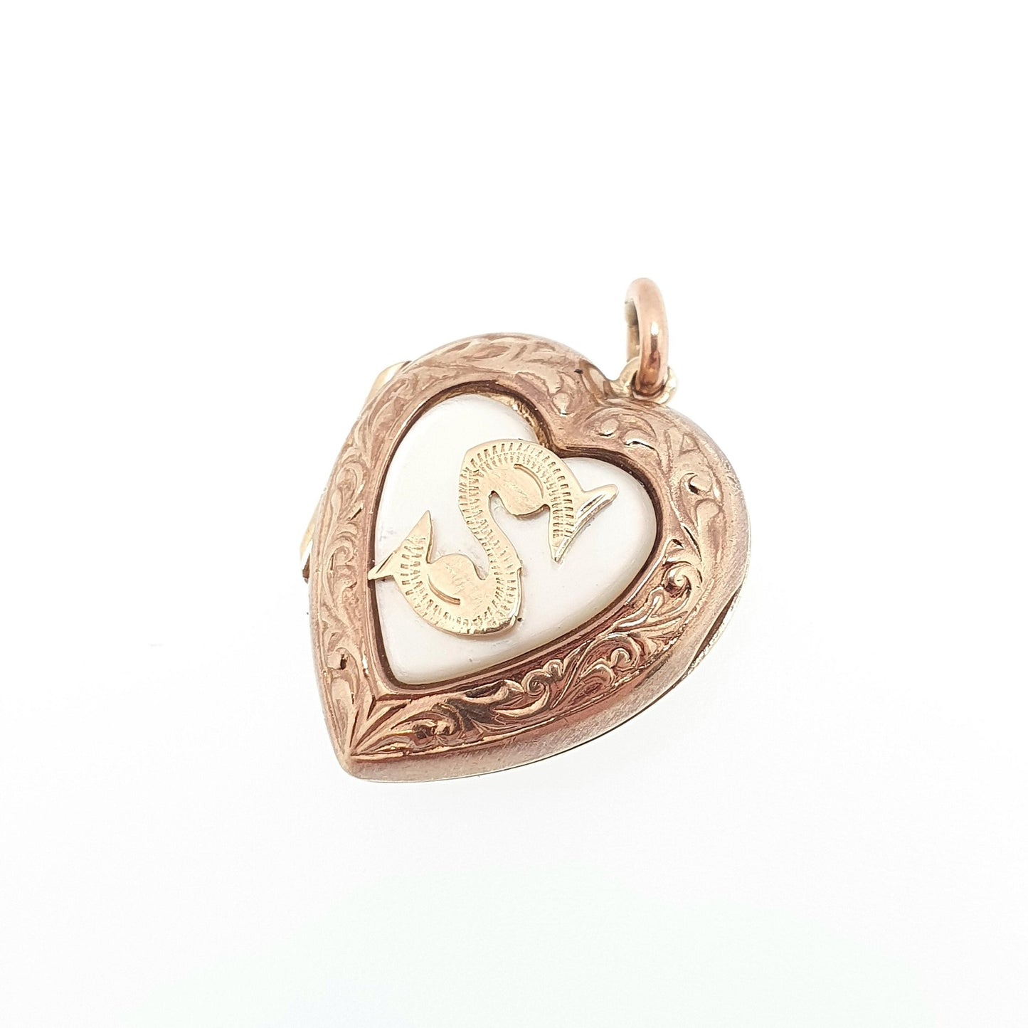Antique 9ct 9k Gold Heart Locket Mother of Pearl "S" Initial Art Deco Solid 9kt Back & Front 1920s Necklace Photo Pendant Jewelry Jewellery