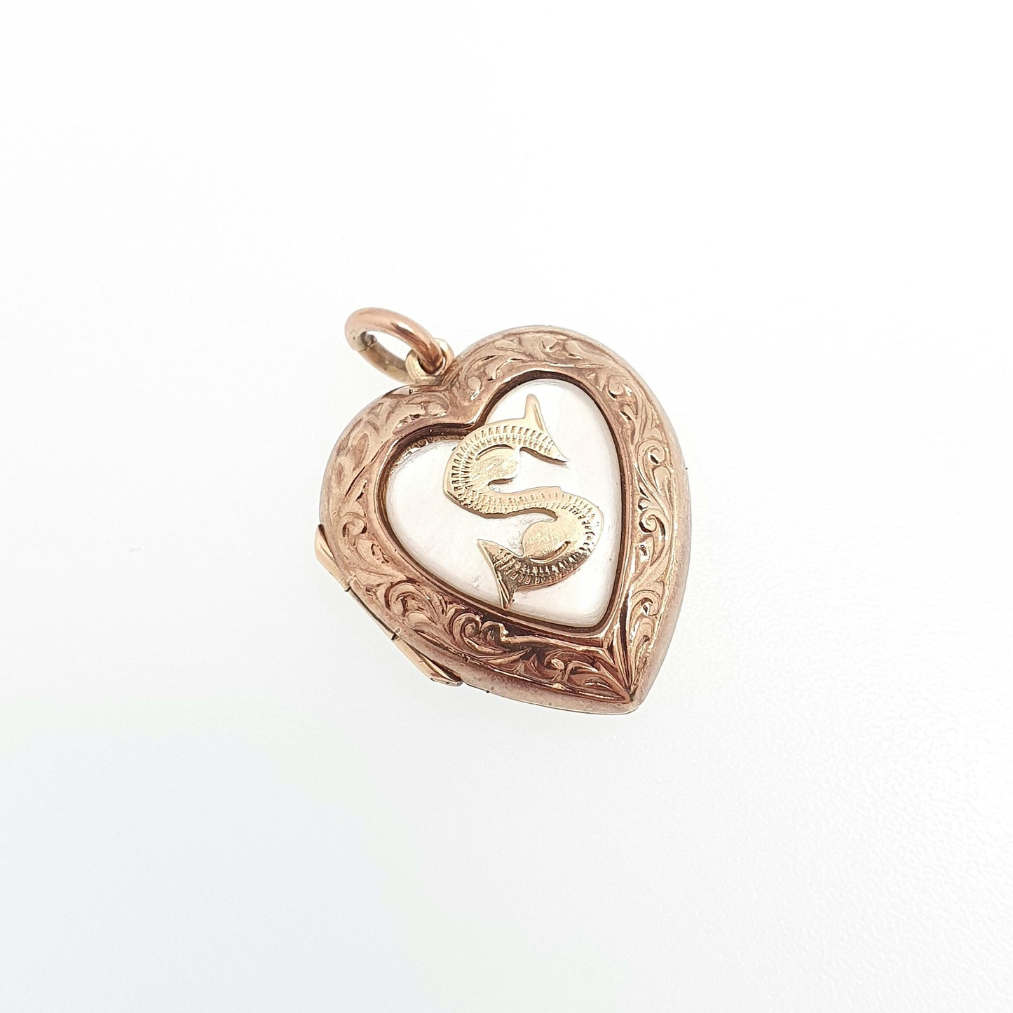 Antique 9ct 9k Gold Heart Locket Mother of Pearl "S" Initial Art Deco Solid 9kt Back & Front 1920s Necklace Photo Pendant Jewelry Jewellery