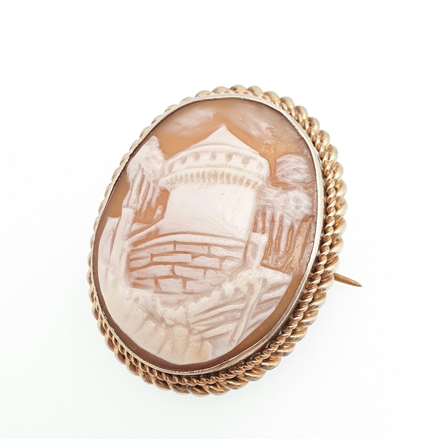 Antique Cameo Brooch Tower Castle Fort Solid Silver Victorian Gold Vermeil Genuine Shell Old Vintage Italian Jewelry Jewellery
