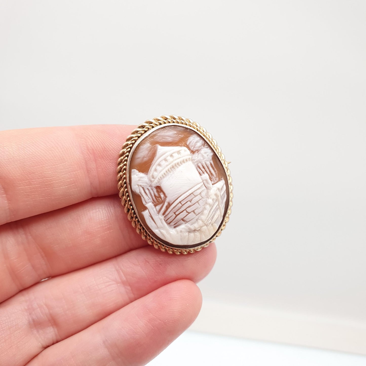 Antique Cameo Brooch Tower Castle Fort Solid Silver Victorian Gold Vermeil Genuine Shell Old Vintage Italian Jewelry Jewellery