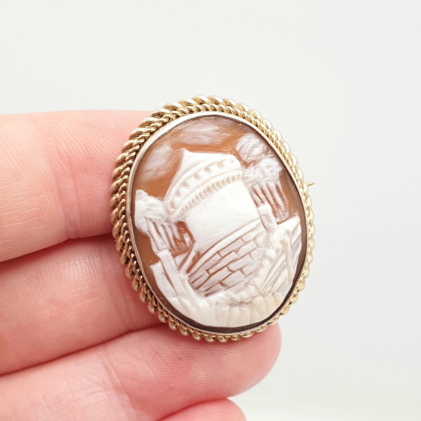 Antique Cameo Brooch Tower Castle Fort Solid Silver Victorian Gold Vermeil Genuine Shell Old Vintage Italian Jewelry Jewellery