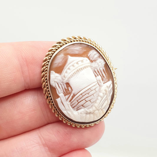 Antique Cameo Brooch Tower Castle Fort Solid Silver Victorian Gold Vermeil Genuine Shell Old Vintage Italian Jewelry Jewellery