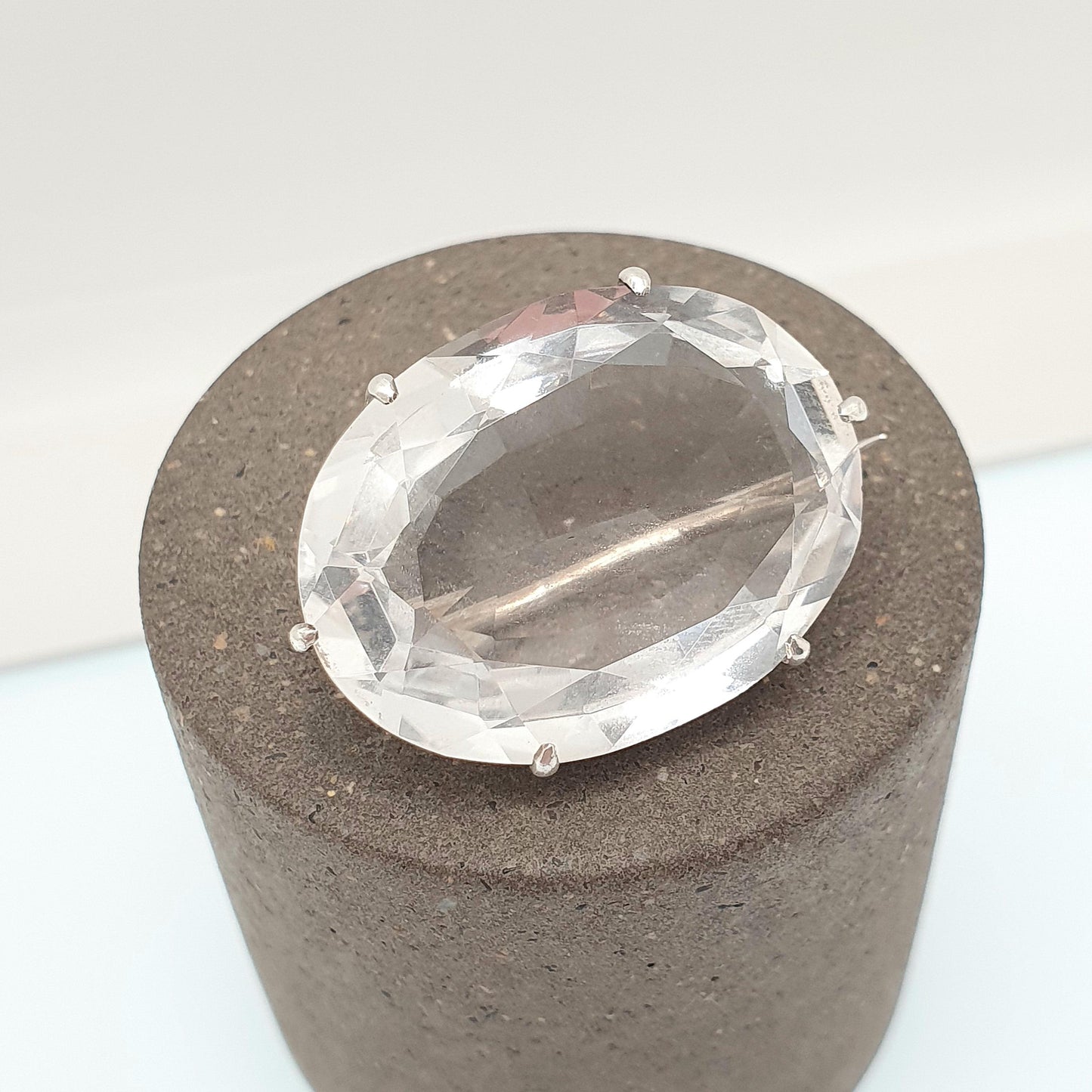 Antique Solid Silver Rock Crystal Brooch Art Deco White Quartz Large Oval Cut Gemstone Clear Vintage Big Womens Jewelry Jewellery