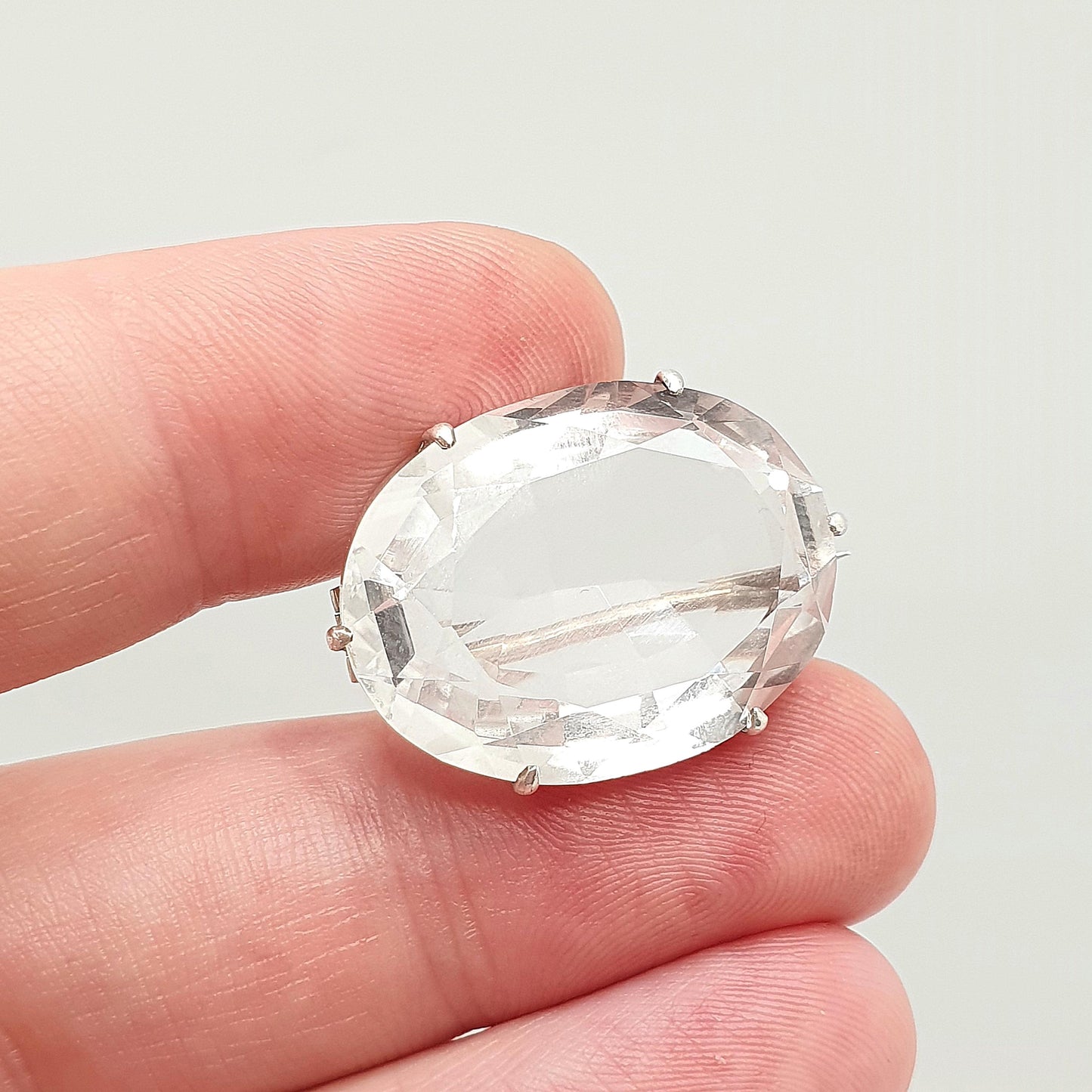 Antique Solid Silver Rock Crystal Brooch Art Deco White Quartz Large Oval Cut Gemstone Clear Vintage Big Womens Jewelry Jewellery