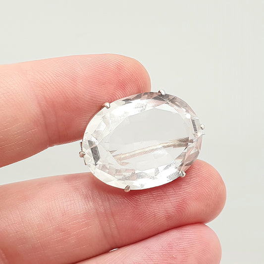 Antique Solid Silver Rock Crystal Brooch Art Deco White Quartz Large Oval Cut Gemstone Clear Vintage Big Womens Jewelry Jewellery