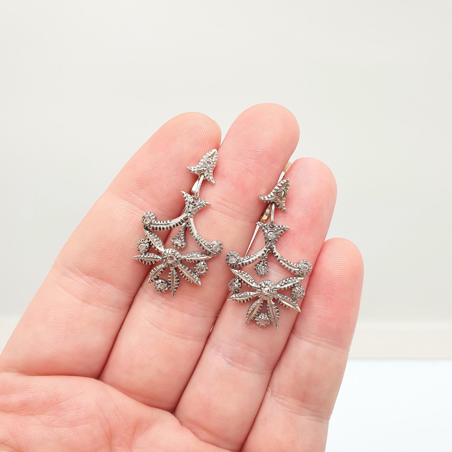 Antique Victorian 9ct Gold Diamond Earrings Solid Silver Old Mine Cut Hook Dangling Drop Chandelier Vintage Jewelry Jewellery