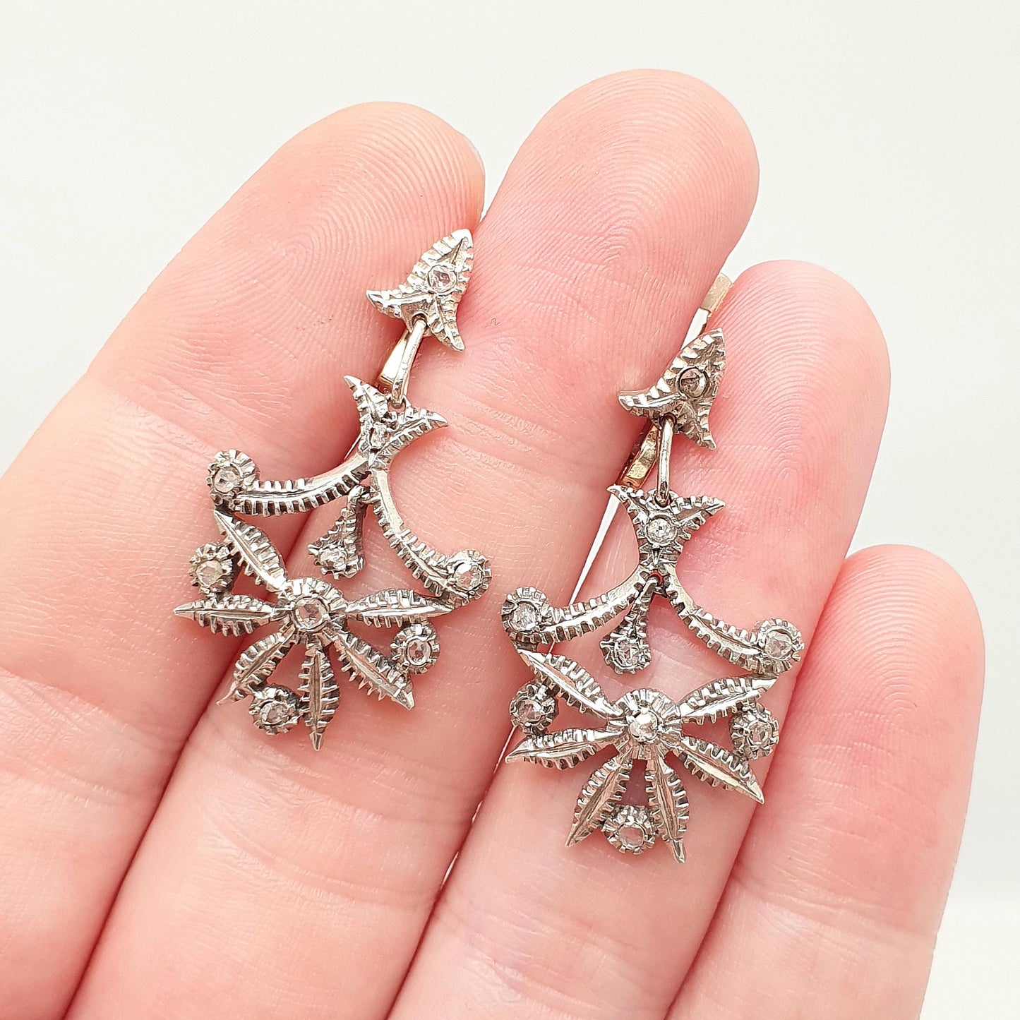 Antique Victorian 9ct Gold Diamond Earrings Solid Silver Old Mine Cut Hook Dangling Drop Chandelier Vintage Jewelry Jewellery